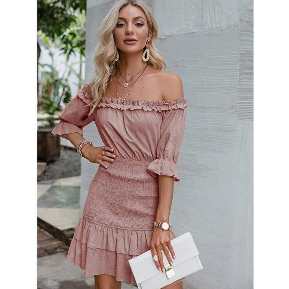 Blush Pink Ruffle Smocked Off Shoulder Lantern Sleeve Bodycon Mini Dress Sundres - Picture 2 of 7